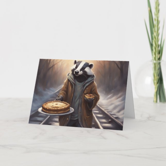 A whimsical Badger on the tracks offers Pie Holiday Card (Front)