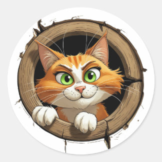 A Whimsical Cartoon Cat with Bright Green Eyes Pee Classic Round Sticker