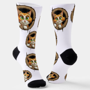 A Whimsical Cartoon Cat with Bright Green Eyes Pee Socks