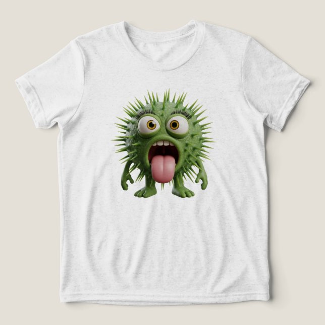 A whimsical cartoon of a green spikey creature Tri-Blend shirt (Design Front)