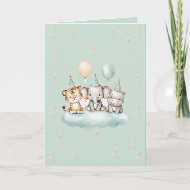 A whimsical Cute Safari Baby Birthday Card (Front)
