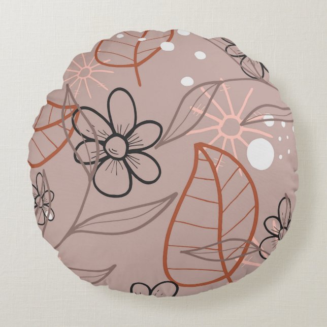 A Whimsical Flower and Leaves Print Round Pillow (Front)