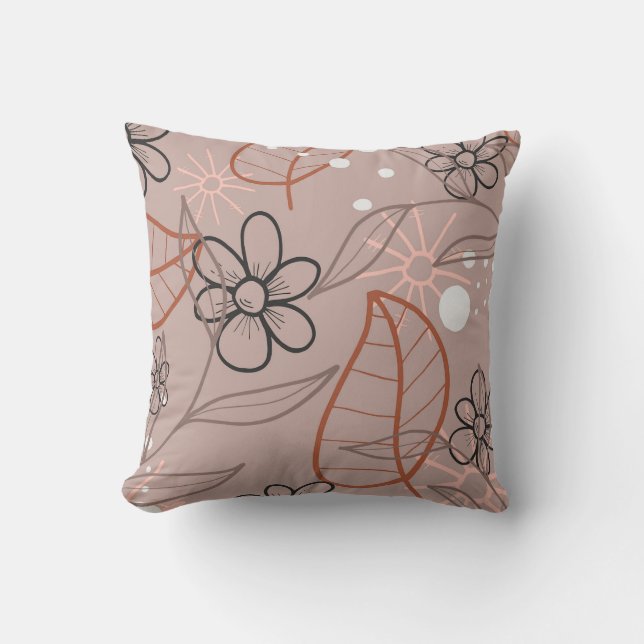A Whimsical Flower and Leaves Print Throw Pillow (Front)