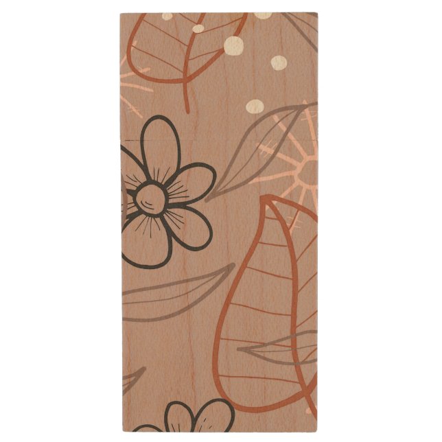 A Whimsical Flower and Leaves Print Wood Flash Drive (Front Vertical)