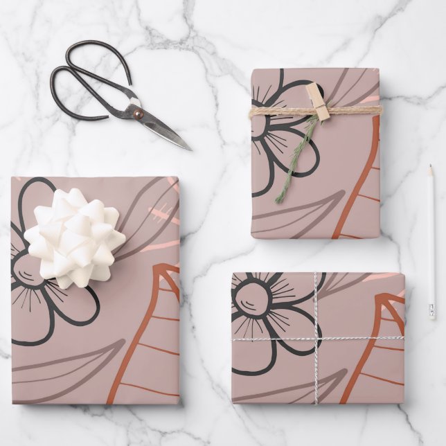A Whimsical Flower and Leaves Print Wrapping Paper Sheets (Front)