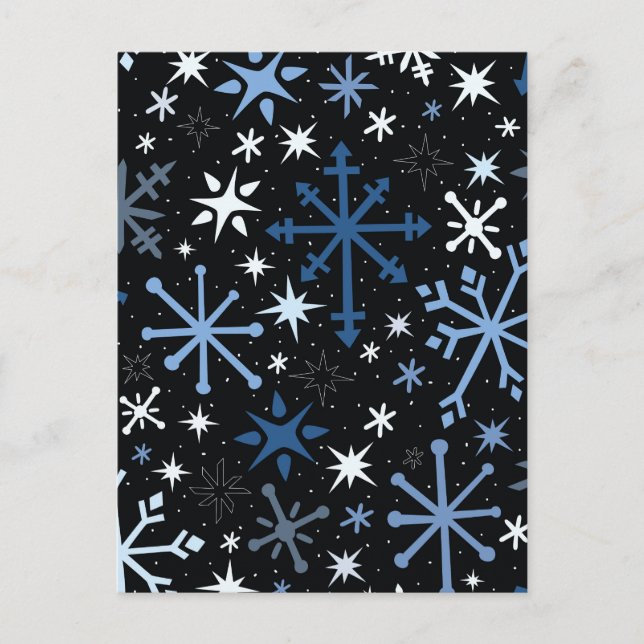 A whimsical flurry of blue snowflakes on black postcard (Front)