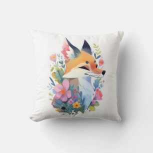 A whimsical scene of a cute fox in the flowers throw pillow