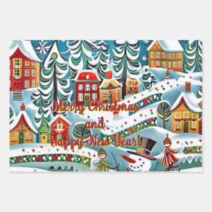 A whimsical winter scene features a lively village wrapping paper sheets