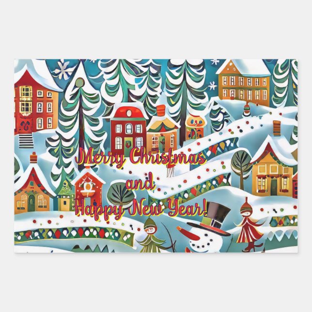A whimsical winter scene features a lively village wrapping paper sheets (Front)