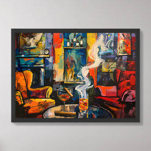 A Whiskey and Cigar Lounge Voyage Through Smoke Framed Art