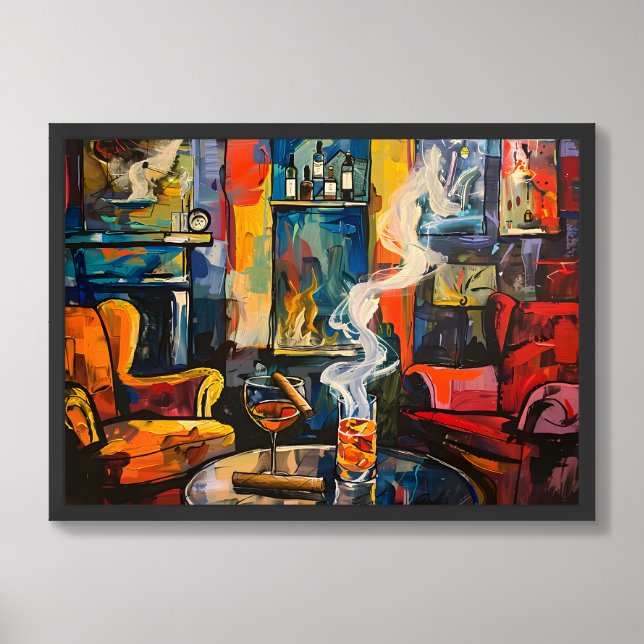 A Whiskey and Cigar Lounge Voyage Through Smoke Framed Art (Framed Front)