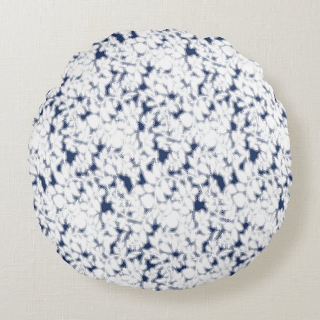 a white and blue background with a pattern round pillow (Front)