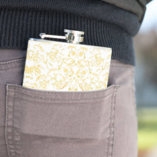 a white and gold wallpaper with a pattern on it flask