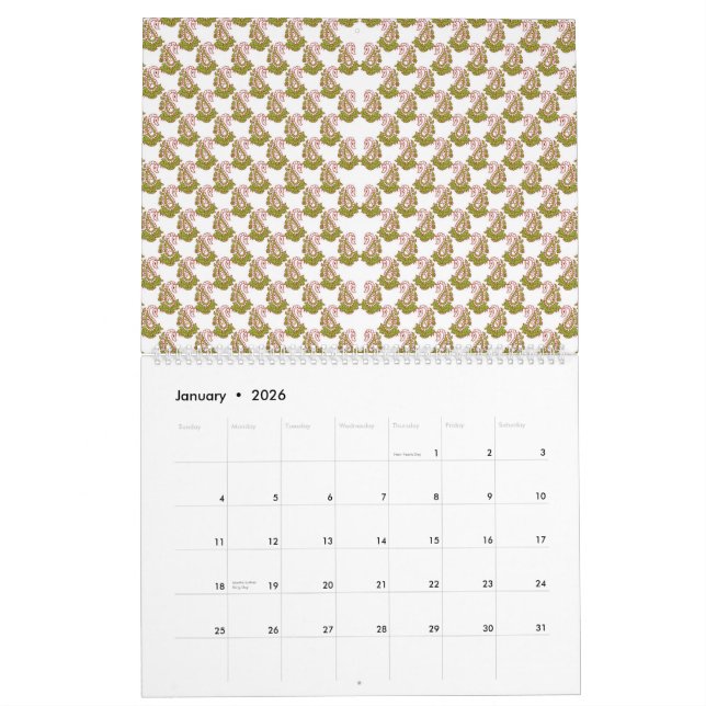 a white background with a pattern of green leaves calendar (Jan 2026)