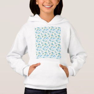 a white background with blue flowers and green lea hoodie