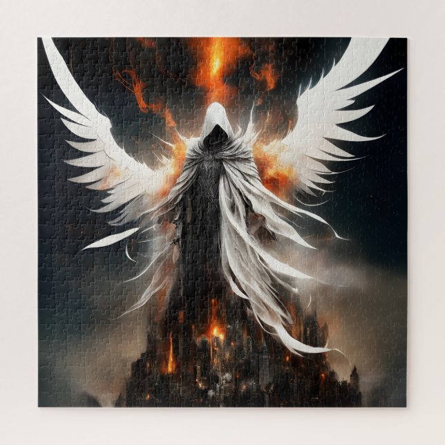A white bloody angel female towers over a destroye jigsaw puzzle (Vertical)