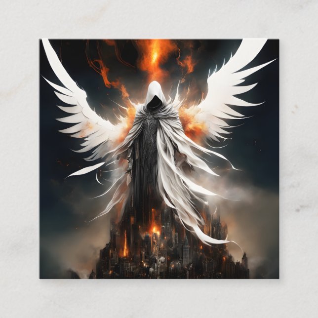 A white bloody angel female towers over a destroye square business card (Front)