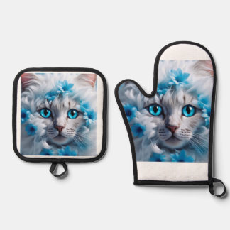 A white cat beautiful eyes  oven mitt & pot holder set