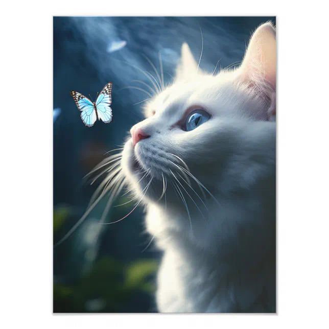 A White Cat with Blue Eyes Looks at a Butterfly Photo Print | Zazzle