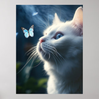 A White Cat with Blue Eyes Looks at a Butterfly Poster
