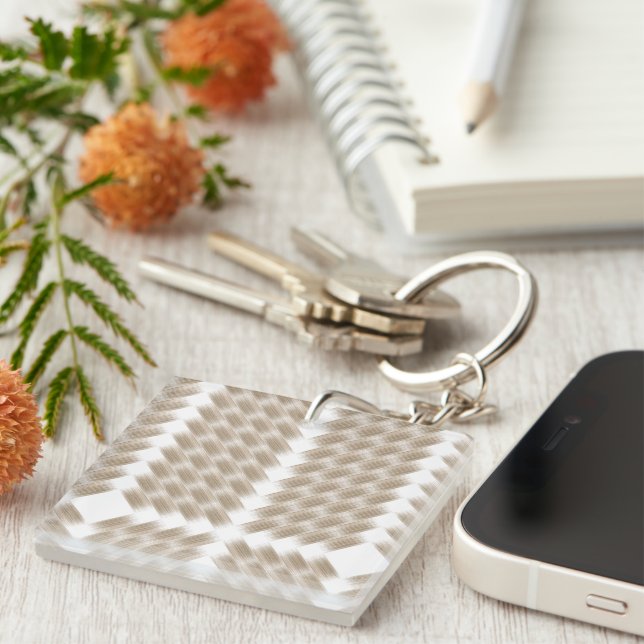 A white, equilateral triangle centered on a plain  keychain (Front Right)