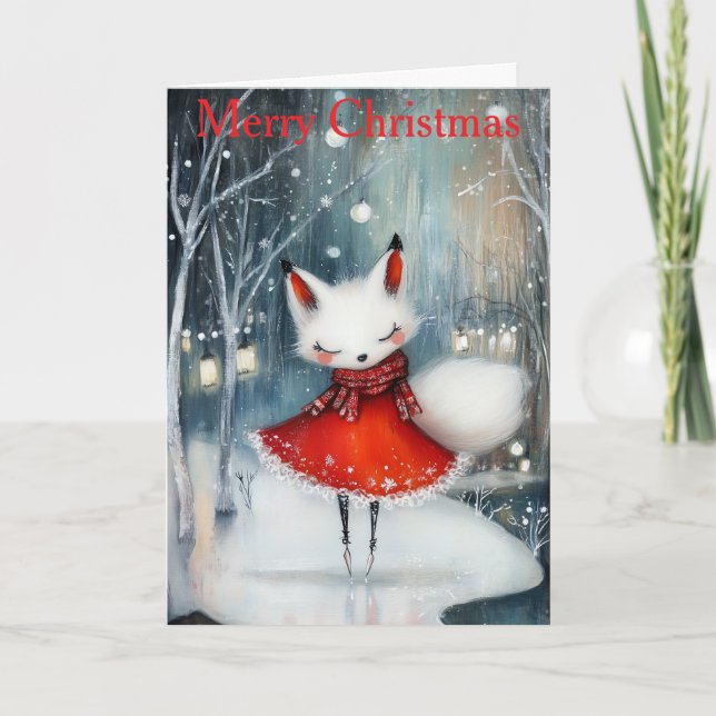 A White Fox Ice Skating Holiday Card (Front)