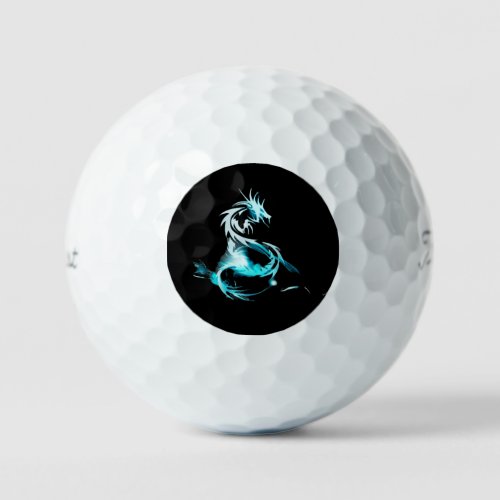 A white golf ball with a blue dragon in the middle