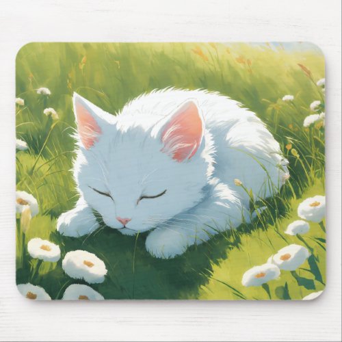 A white kitten sleeping image mouse pad