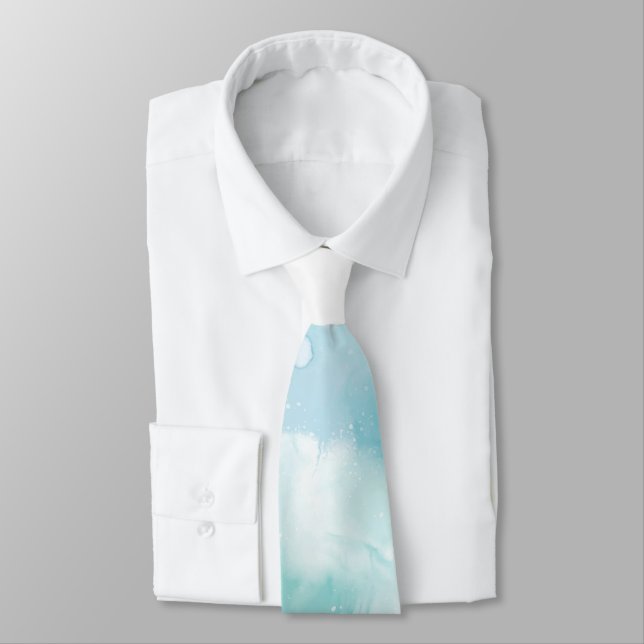A white necktie features a soft, pastel blue (Tied)