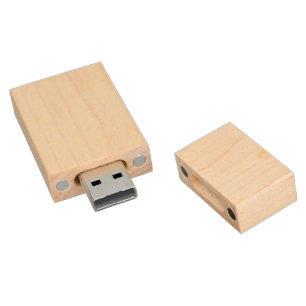 A white square enclosed by a distinct black border wood flash drive