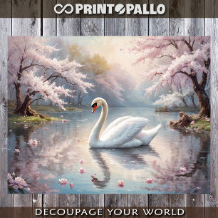 A white swan on a lake in a pink world - Decoupage Wrapping Paper Sheets