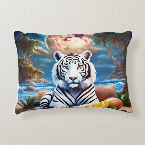 a white tiger in a yoga position  accent pillow