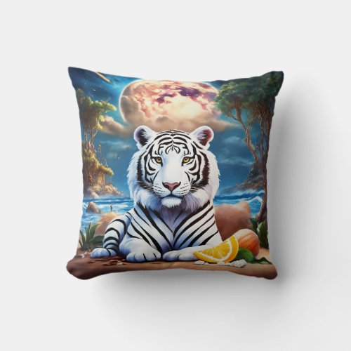 a white tiger in a yoga position  throw pillow
