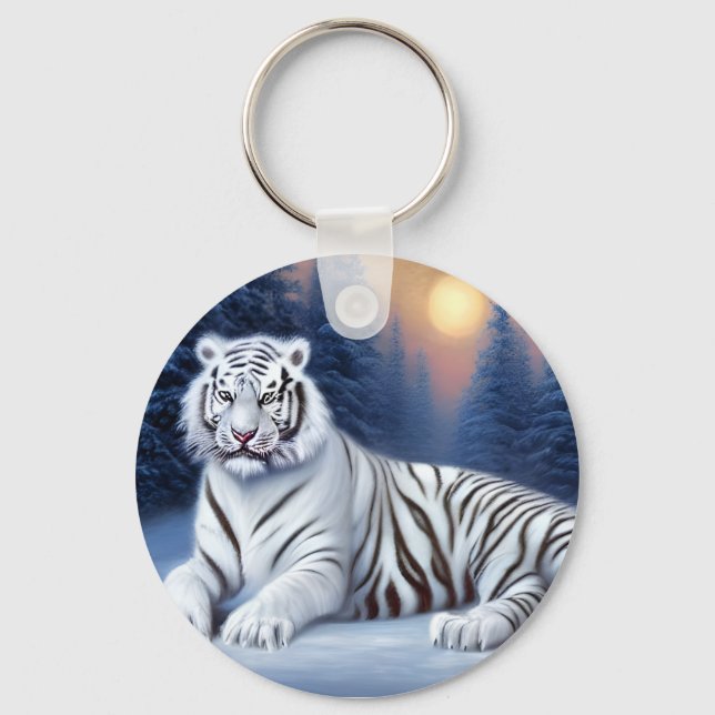 A White Tiger Sitting in the Snow Keychain (Front)