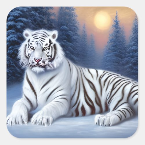 A White Tiger Sitting in the Snow  Square Sticker