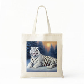 A White Tiger Sitting in the Snow  Tote Bag