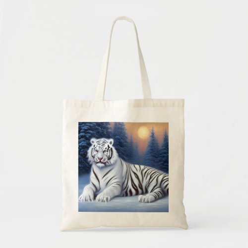 A White Tiger Sitting in the Snow  Tote Bag