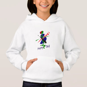 A white trouser with a dancing figure. hoodie