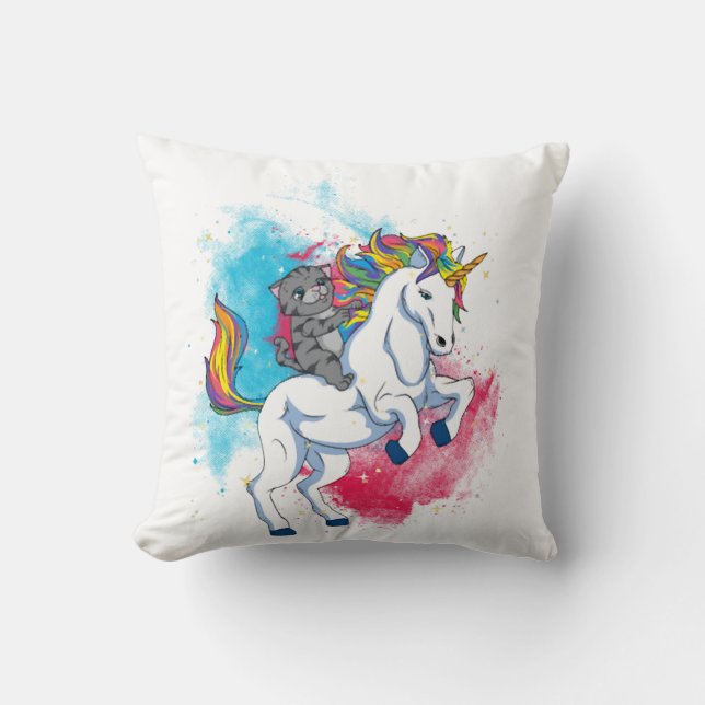 A white unicorn with rainbow tail which is ridden throw pillow (Front)
