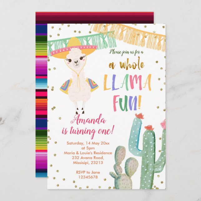a Whole Llama Fun cactus Birthday Invitation (Front/Back)