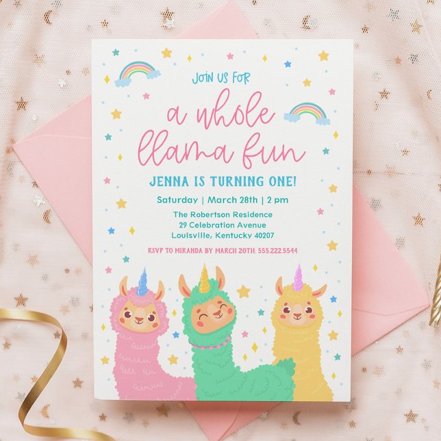 A Whole Llama Fun Rainbow and Stars Birthday Party Invitation (Creator Uploaded)