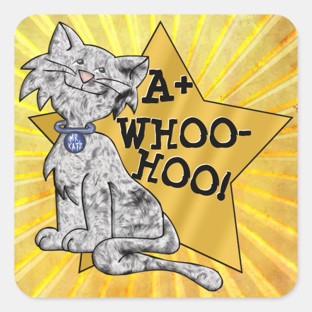 A+ Whoo-Hoo! Gray Cat, Gold Star, Square Reward Sticker (Front)