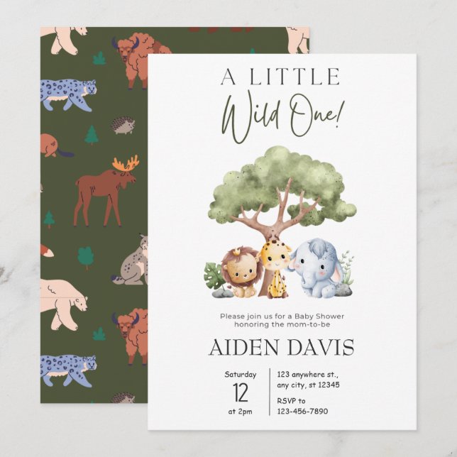 A Wild One Cute Jungle Safari Baby Shower Invitation (Front/Back)
