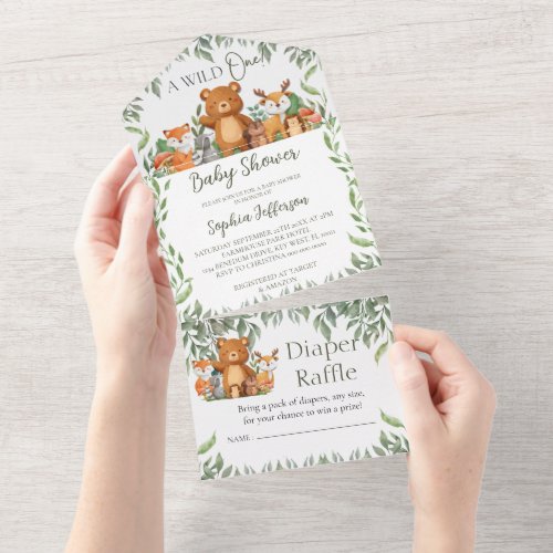 A wild ONE Greenery Woodland Animals Baby Shower All In One Invitation