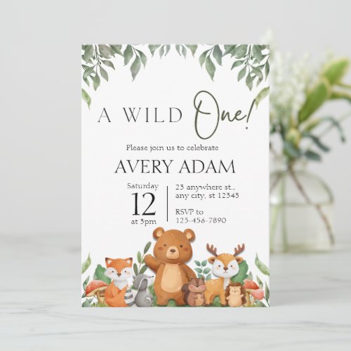 A wild ONE Greenery  Woodland Animals Baby Shower  Invitation