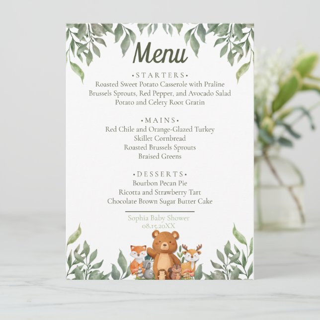 A wild ONE Greenery Woodland Animals  Menu (Standing Front)