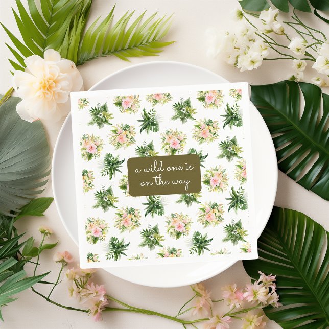 A Wild One is on the Way Jungle Tropic Baby Shower Napkins (paper napkin with tropical flowers & leaves pattern + a box to add your custom text for baby shower)