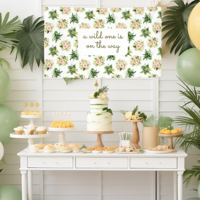 A wild One is on the Way - Tropical Baby Shower Banner (tropical party table with cupcakes and food for a gender neutral safari baby shower)