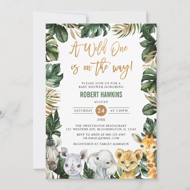 A Wild One Jungle Safari Animals Baby Shower Invitation (Front)