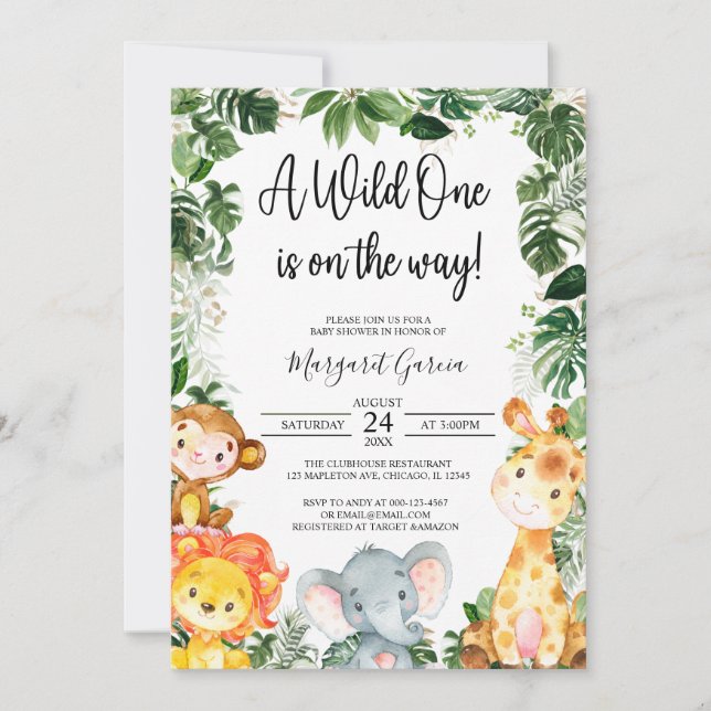 A Wild One Safari Jungle Animals Baby Shower Invit Invitation (Front)
